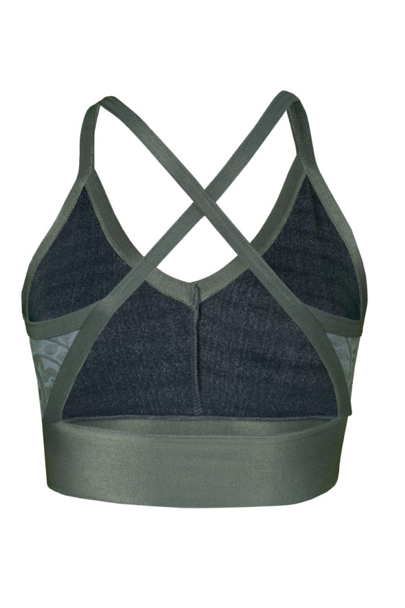 Sports Bra Myra in Salbeigrün mit Ornamentmuster, Frontansicht mir