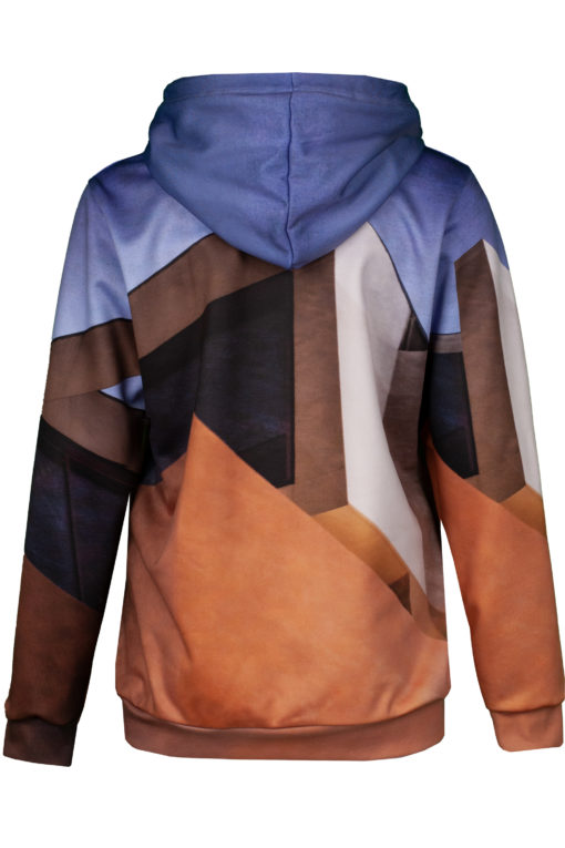 Back view hoodie with all over print in purple and earth tones