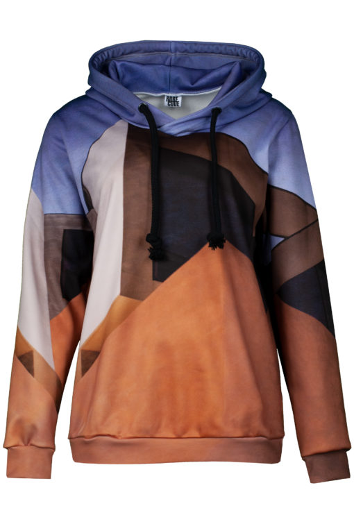 Front view hooded sweater Architect with purple and orange print