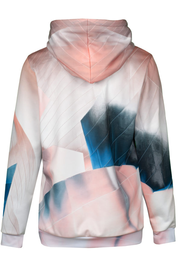 Back view colorful hoodie with pink, white and blue shapes