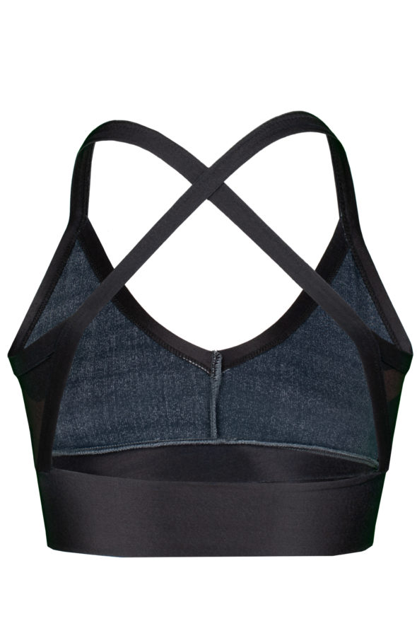 sports bra with tiger pattern, back view, crossed straps
