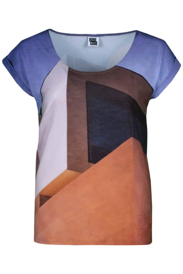 Produktfoto T-Shirt mit Aufschlagärmel, Motiv Gebäude, lilafarben mit Erdtoenen