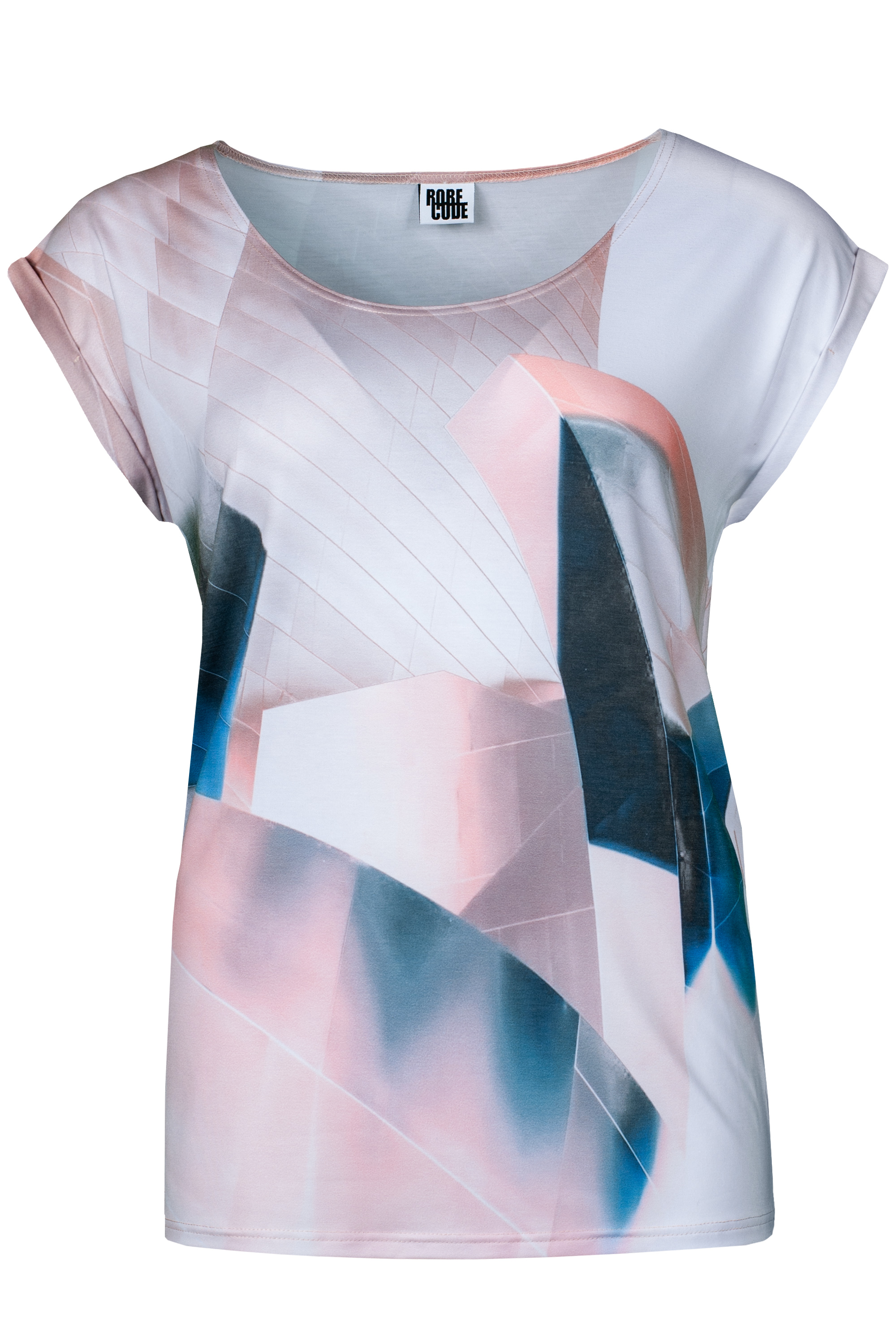 Frontansicht T-Shirt Wendular mit geometrischen Formen in weiß, rosa,blau